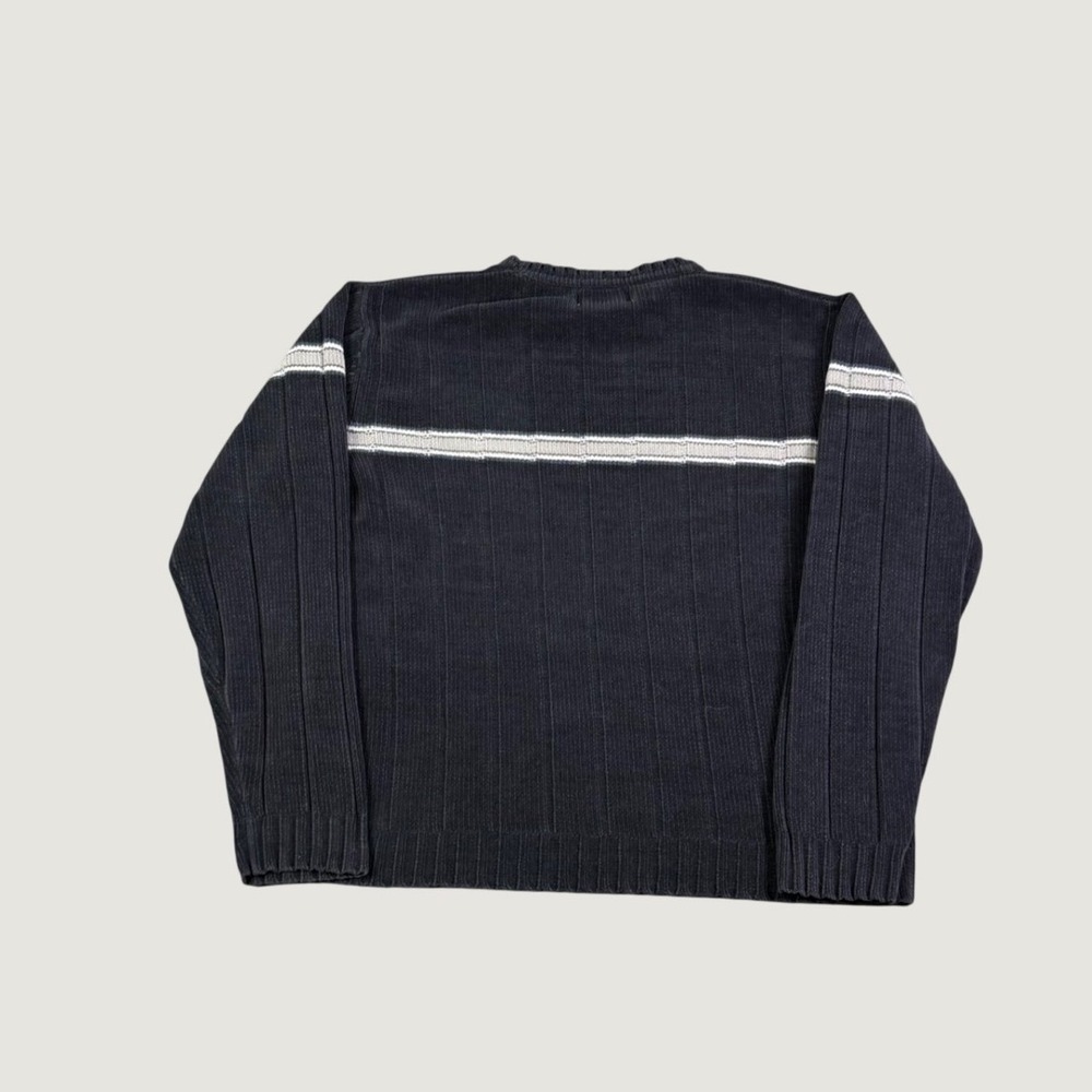 Urban Pipeline Mens Navy Blue Ribbed Crewneck Sweater Grey Chest Stripe Medium - Picture 2 of 6